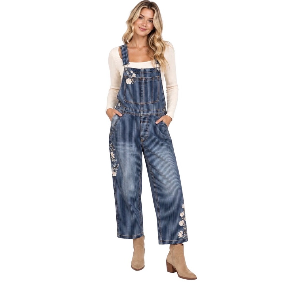 NWT Driftwood Audrey Embroidered Pinstripe Denim Overalls Medium Blue
